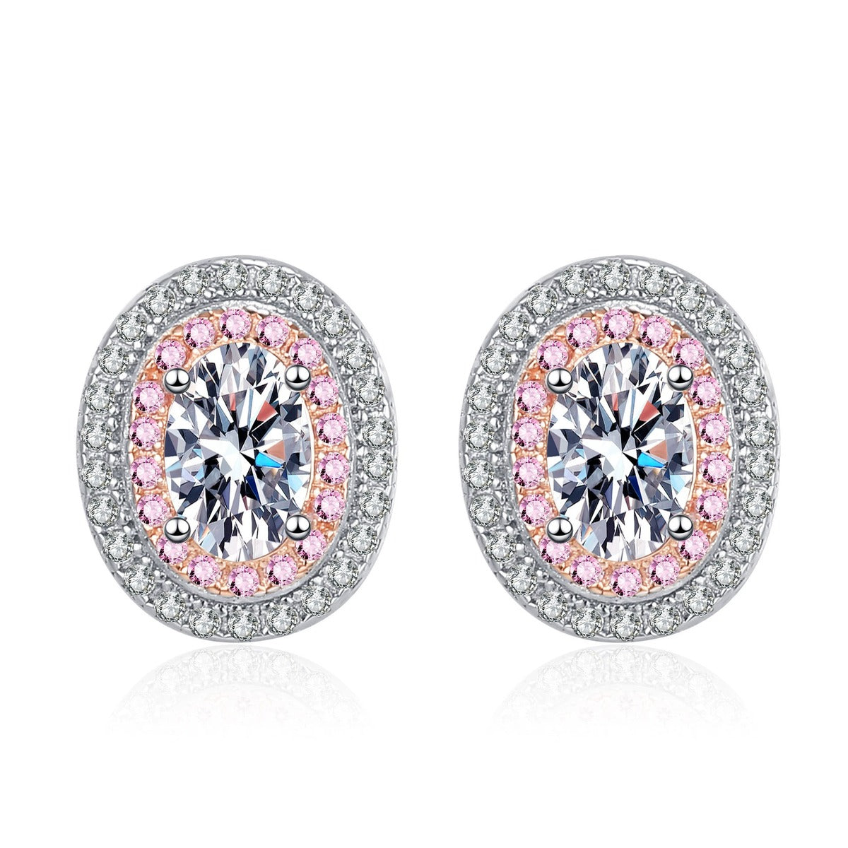 Oval Moissanite Stud Earrings with Pink CZ in Rhodium-Plated S925 sterling silver white background product photo showing the pair, stone shape, and stud earrings silhouette
