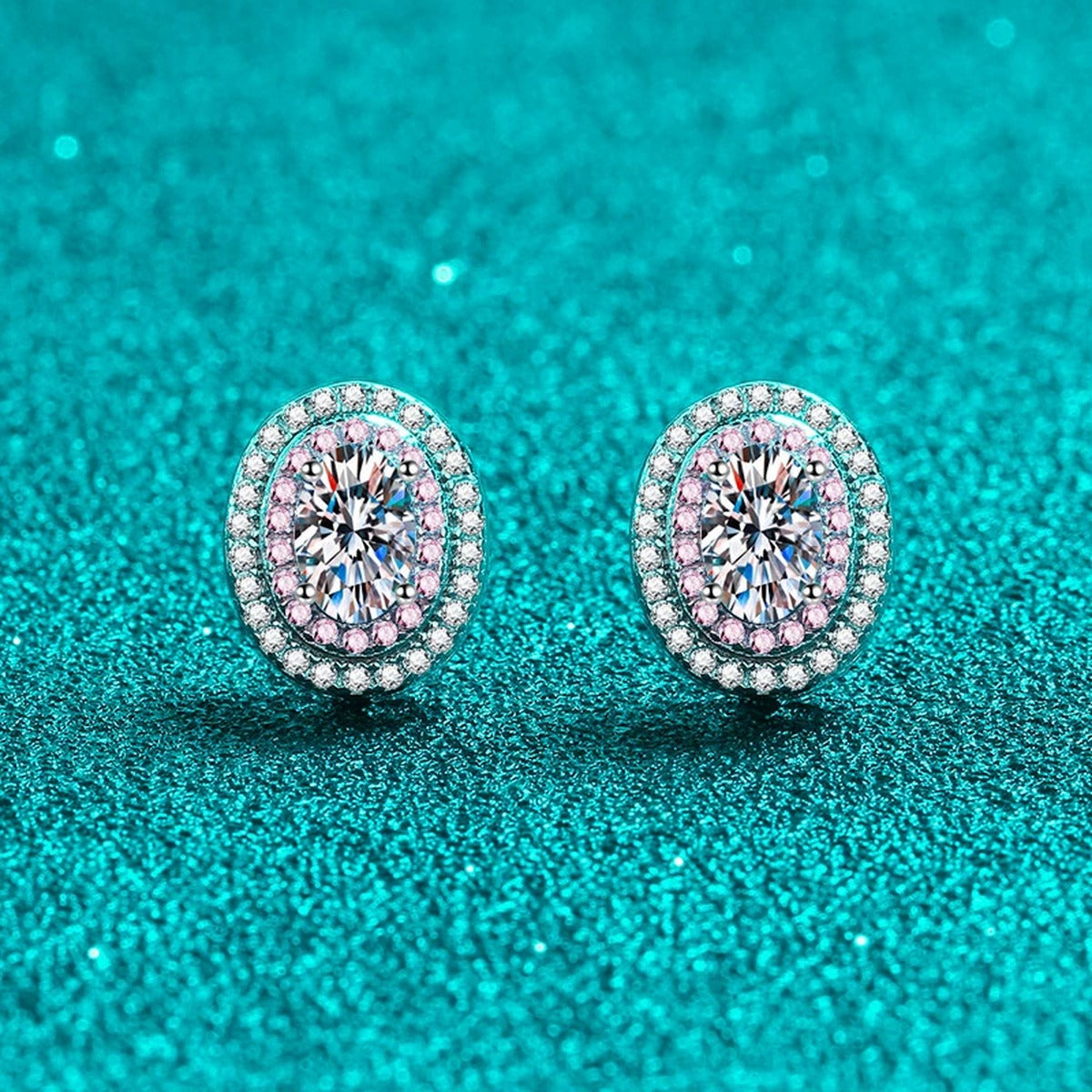 Oval Moissanite Stud Earrings with Pink CZ in Rhodium-Plated S925 sterling silver product scene view showing front sparkle