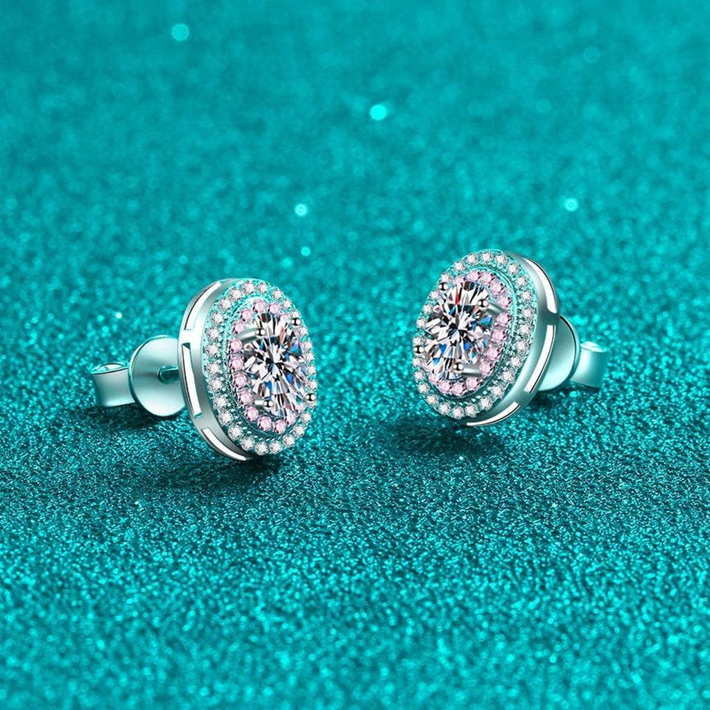 Oval Moissanite Stud Earrings with Pink CZ in Rhodium-Plated S925 sterling silver product scene view showing side profile