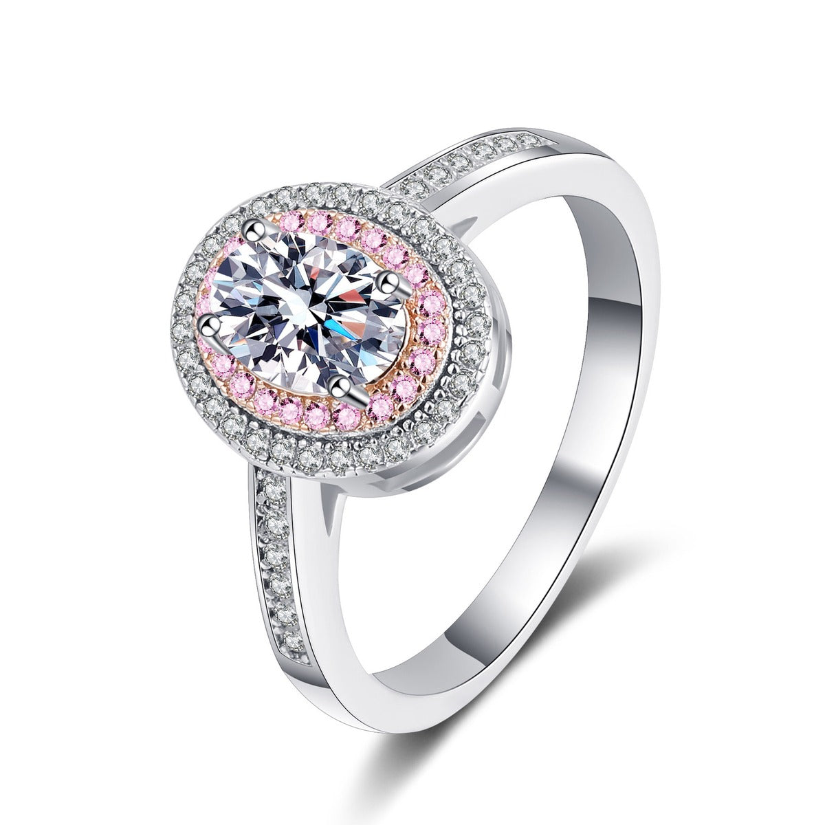 Oval Cut Moissanite Ring with Pink CZ in Rhodium-Plated S925 Sterling Silver clean white background product photo showing the ring silhouette and moissanite setting