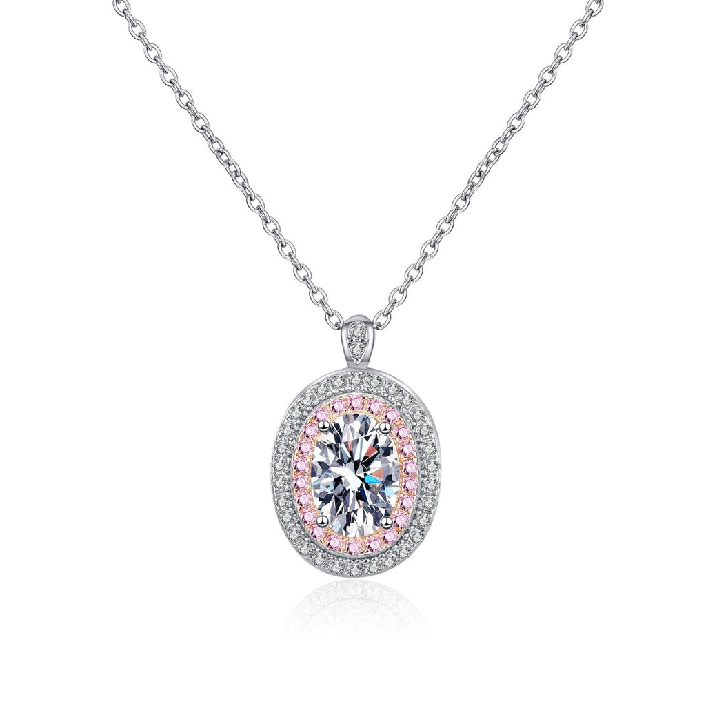 Pink CZ Oval Moissanite Halo Pendant Necklace in Rhodium-Plated S925 sterling silver white background product photo showing oval moissanite halo pendant with pink CZ accents