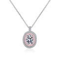Pink CZ Oval Moissanite Halo Pendant Necklace in Rhodium-Plated S925 sterling silver white background product photo showing oval moissanite halo pendant with pink CZ accents
