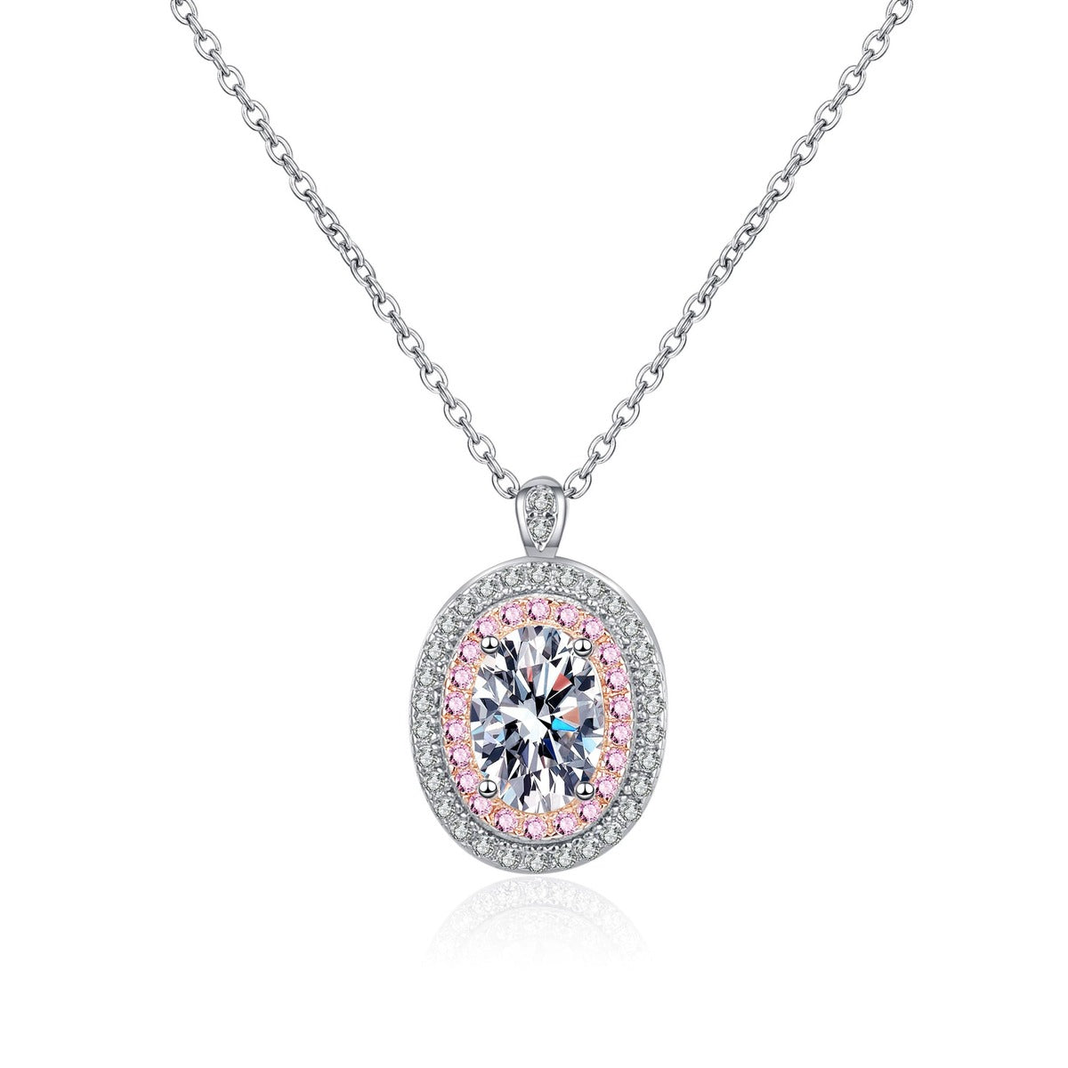 Pink CZ Oval Moissanite Halo Pendant Necklace in Rhodium-Plated S925 sterling silver white background product photo showing oval moissanite halo pendant with pink CZ accents