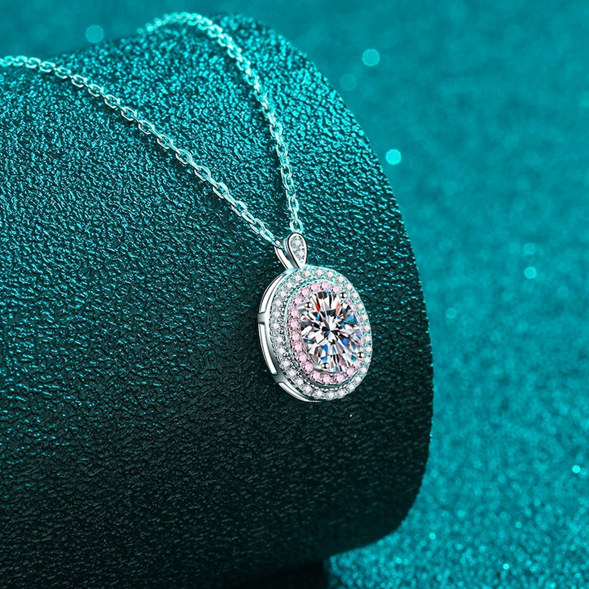Pink CZ Oval Moissanite Halo Pendant Necklace in Rhodium-Plated S925 sterling silver close-up product scene showing pendant setting