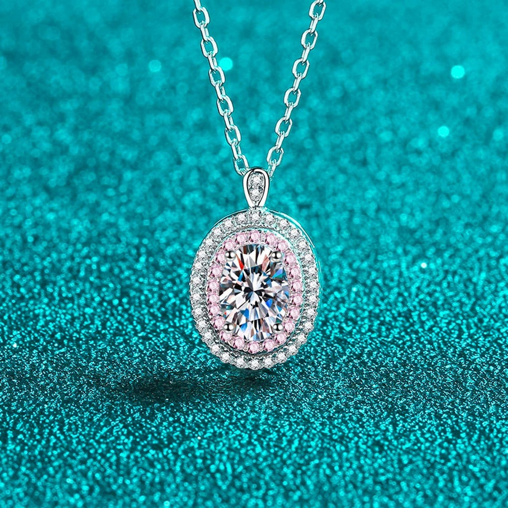 Pink CZ Oval Moissanite Halo Pendant Necklace in Rhodium-Plated S925 sterling silver blue display scene showing chain and stone layout