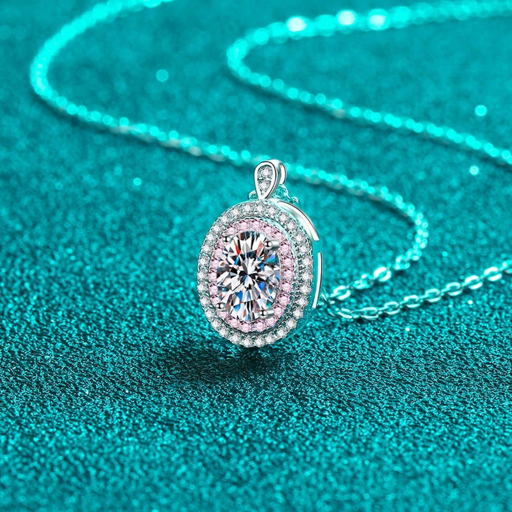 Pink CZ Oval Moissanite Halo Pendant Necklace in Rhodium-Plated S925 sterling silver angled product detail view