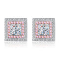 Princess Cut Moissanite Halo Stud Earrings with Pink CZ in Rhodium-Plated S925 sterling silver white background product photo showing the pair, stone shape, and stud earrings silhouette