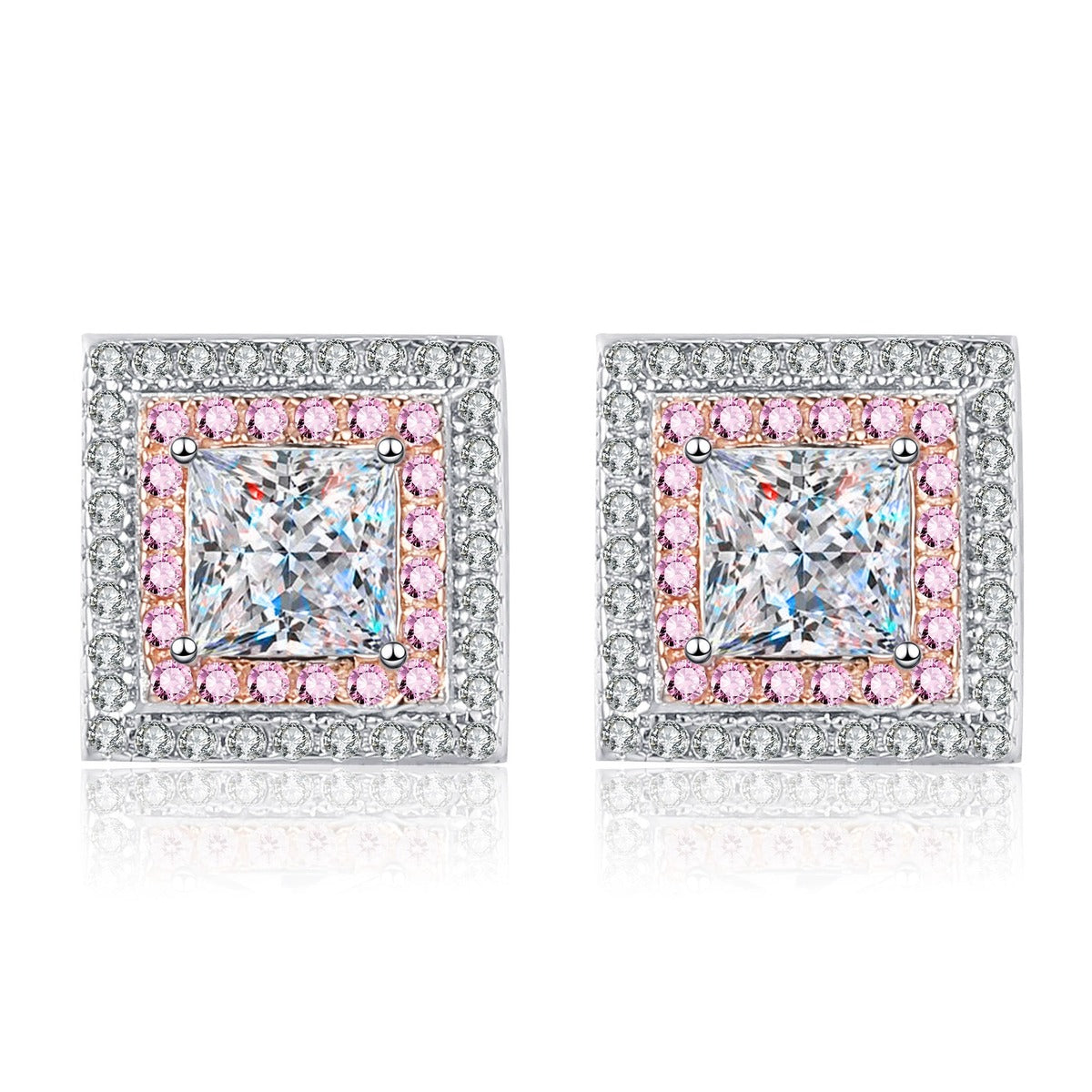Princess Cut Moissanite Halo Stud Earrings with Pink CZ in Rhodium-Plated S925 sterling silver white background product photo showing the pair, stone shape, and stud earrings silhouette
