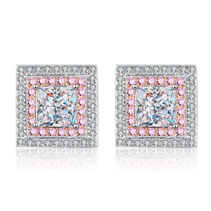 Princess Cut Moissanite Halo Stud Earrings with Pink CZ in Rhodium-Plated S925 sterling silver white background product photo showing the pair, stone shape, and stud earrings silhouette