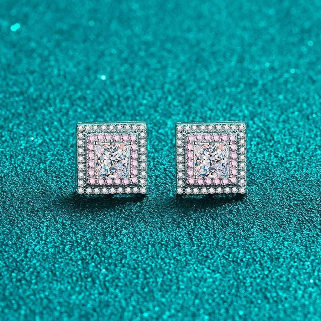 Princess Cut Moissanite Halo Stud Earrings with Pink CZ in Rhodium-Plated S925 sterling silver product scene view showing front sparkle