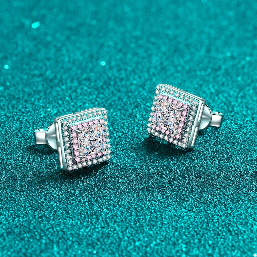 Princess Cut Moissanite Halo Stud Earrings with Pink CZ in Rhodium-Plated S925 sterling silver product scene view showing angled setting detail