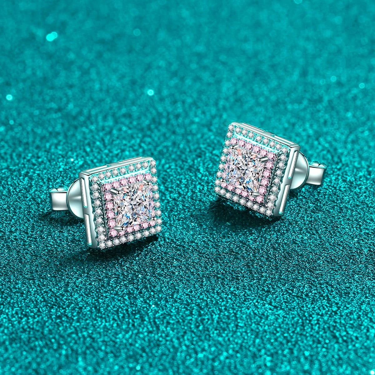 Princess Cut Moissanite Halo Stud Earrings with Pink CZ in Rhodium-Plated S925 sterling silver product scene view showing angled setting detail