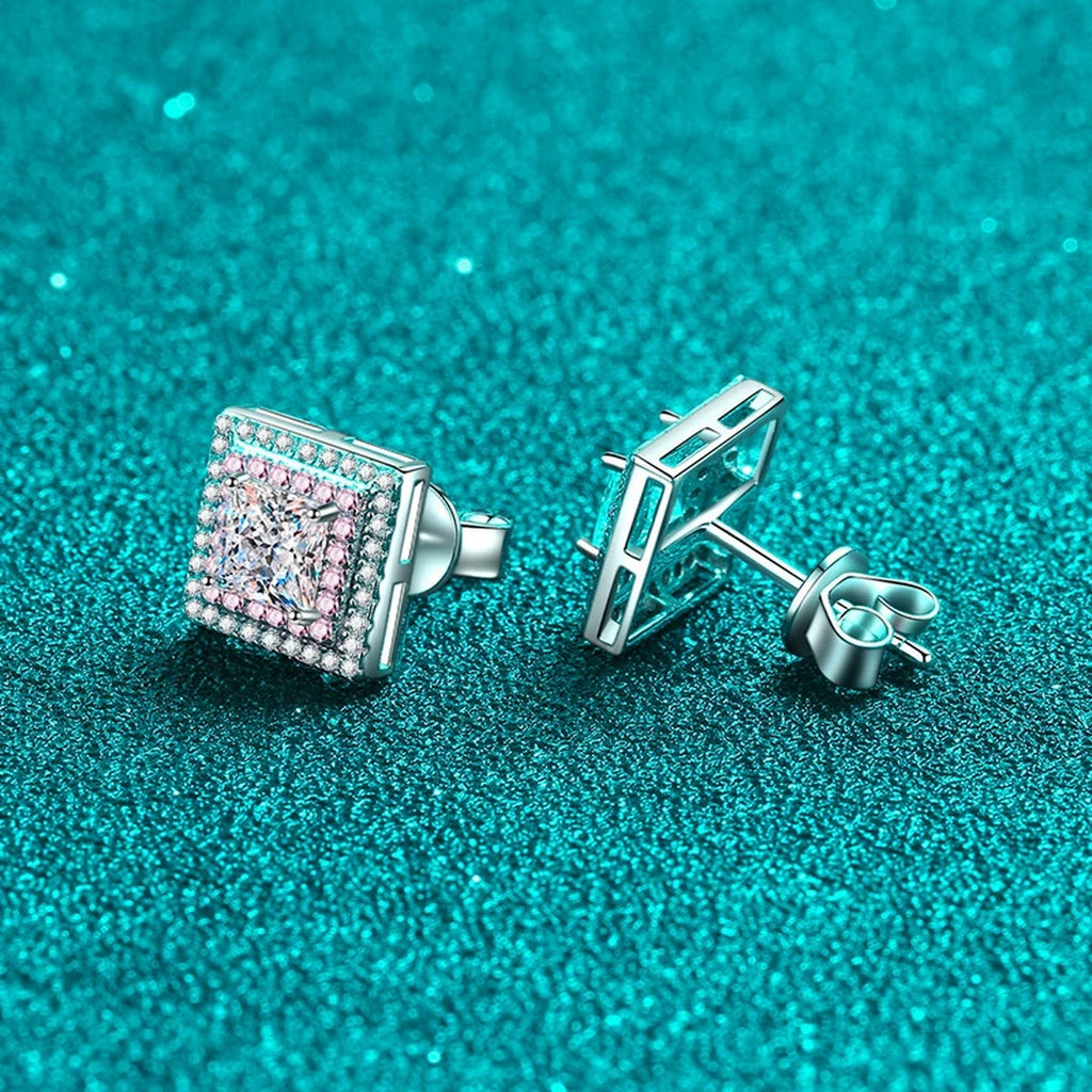 Princess Cut Moissanite Halo Stud Earrings with Pink CZ in Rhodium-Plated S925 sterling silver product scene view showing side profile