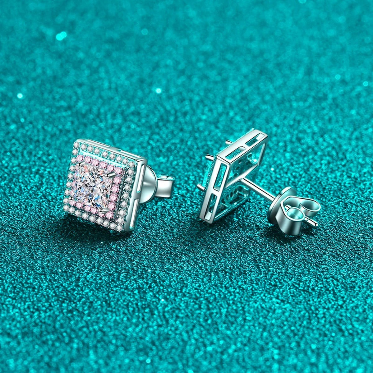 Princess Cut Moissanite Halo Stud Earrings with Pink CZ in Rhodium-Plated S925 sterling silver product scene view showing side profile