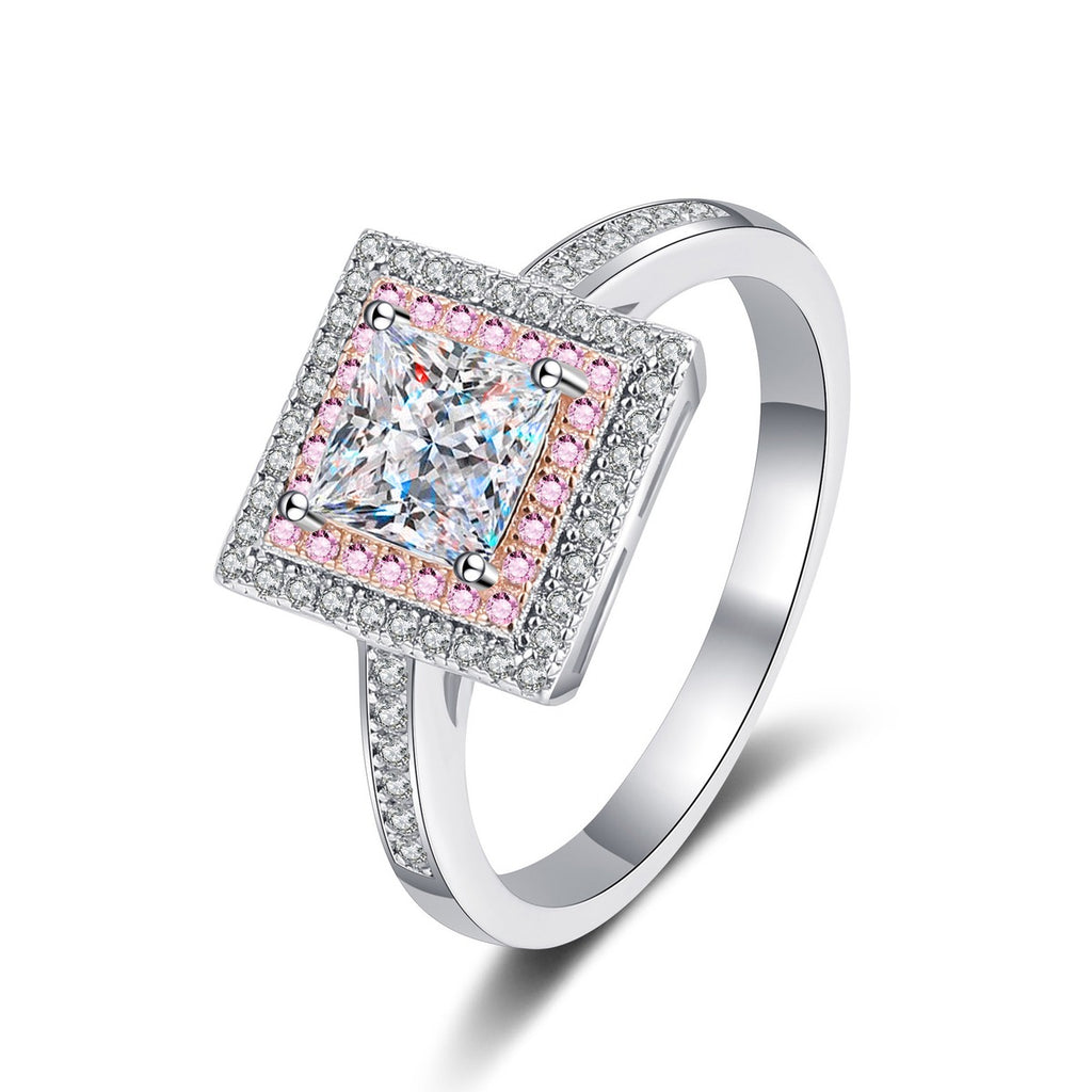 Princess Cut Moissanite Ring with Pink CZ in rhodium-plated S925 sterling silver on clean white background