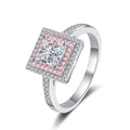 Princess Cut Moissanite Ring with Pink CZ in rhodium-plated S925 sterling silver on clean white background
