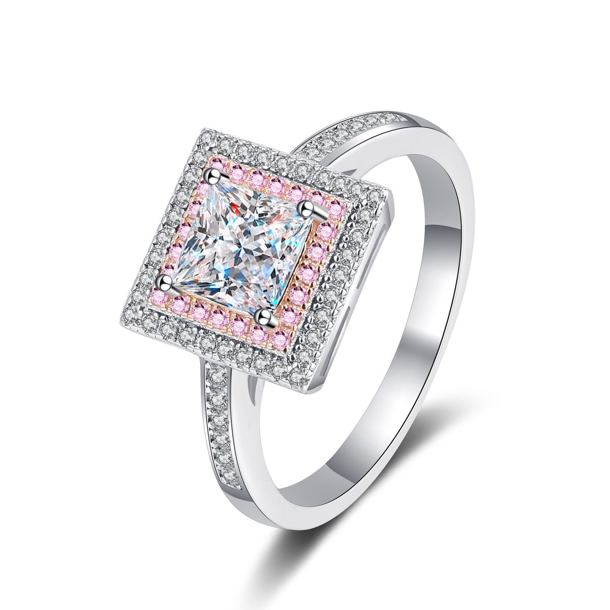 Princess Cut Moissanite Ring with Pink CZ in rhodium-plated S925 sterling silver on clean white background