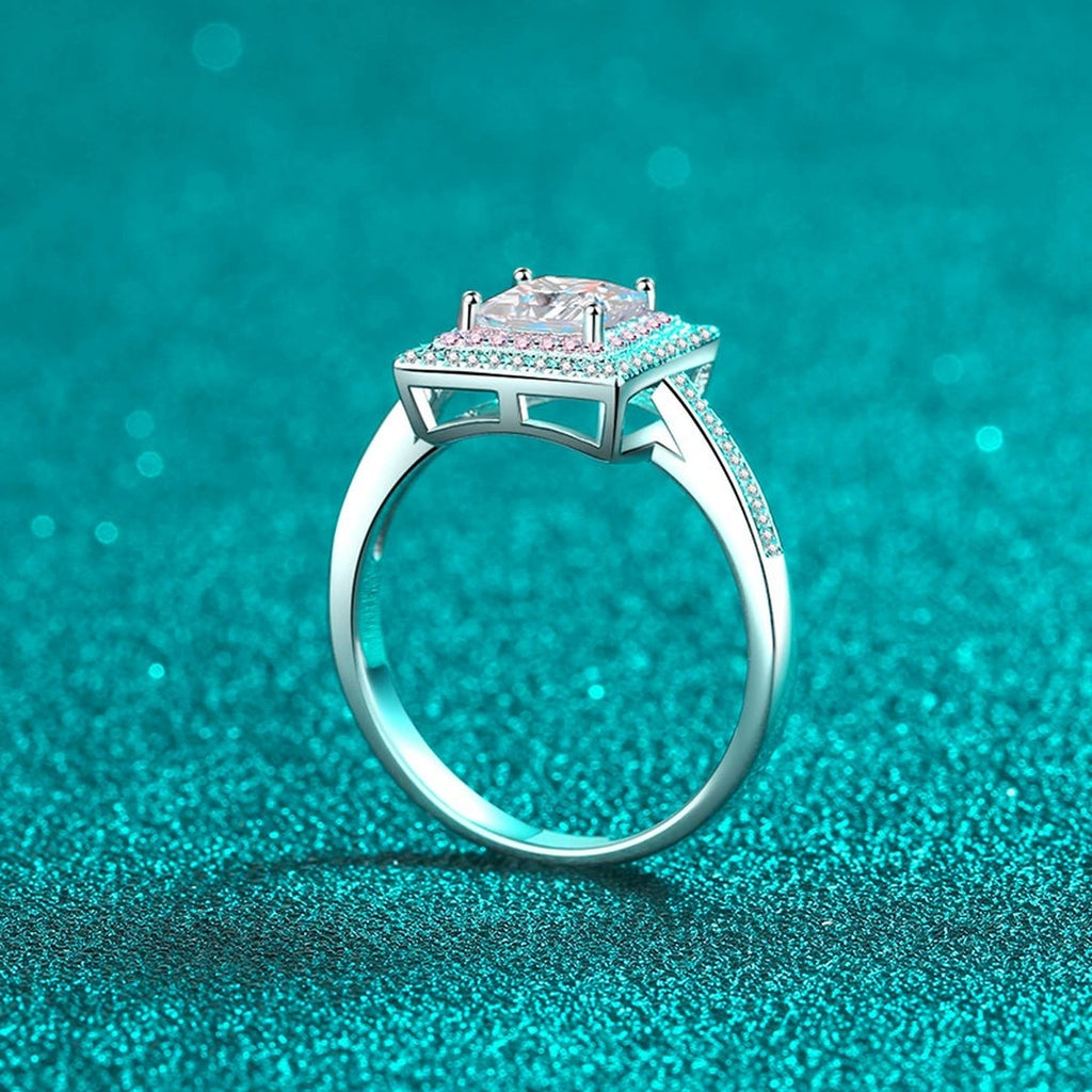 Princess Cut Moissanite Ring with Pink CZ product view showing moissanite setting and metal finish