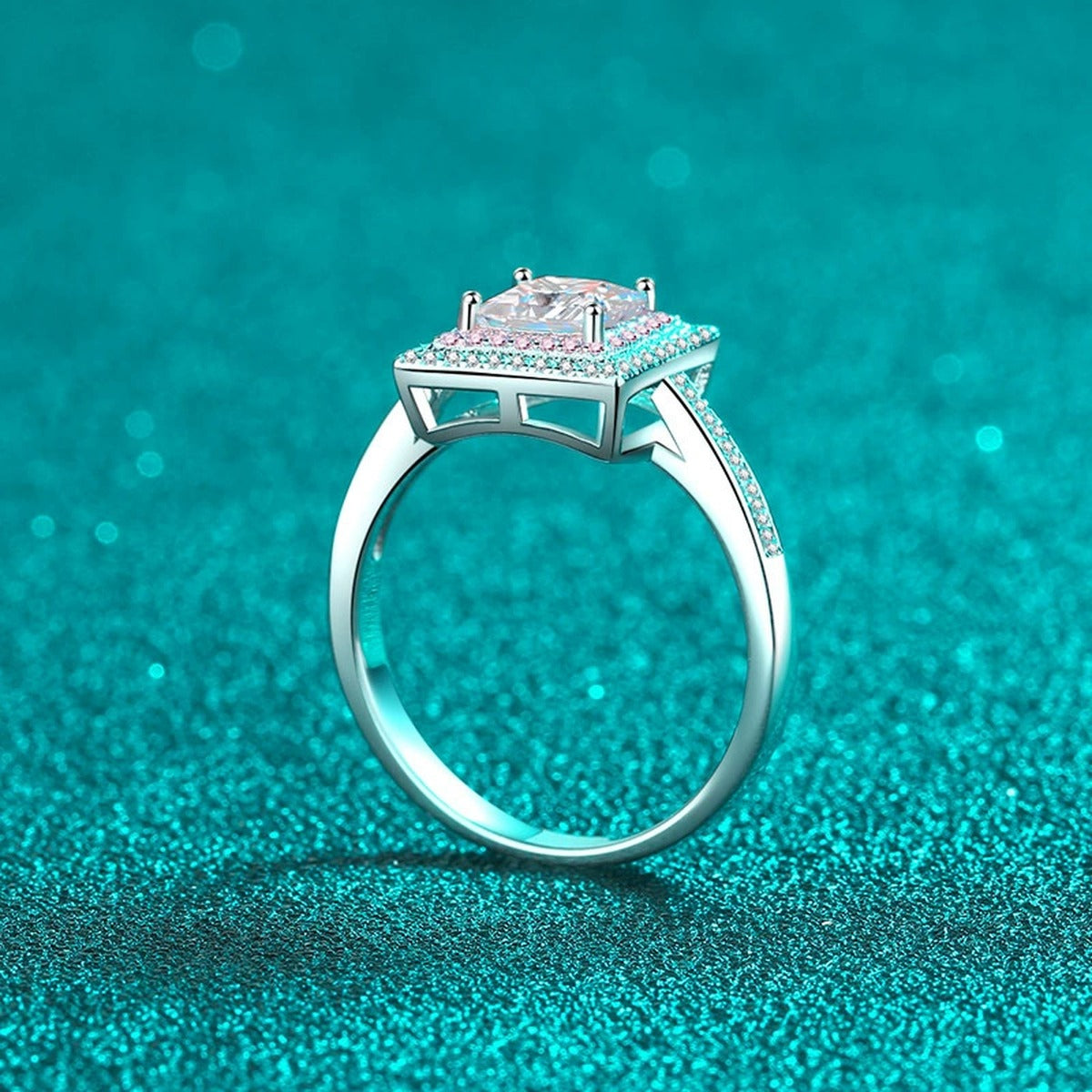 Princess Cut Moissanite Ring with Pink CZ product view showing moissanite setting and metal finish