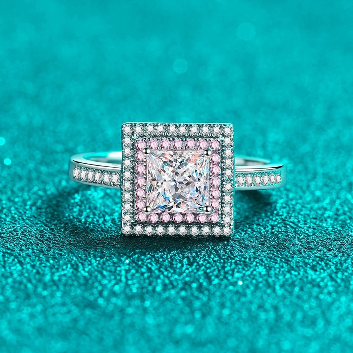 Princess Cut Moissanite Ring with Pink CZ product view showing moissanite setting and metal finish