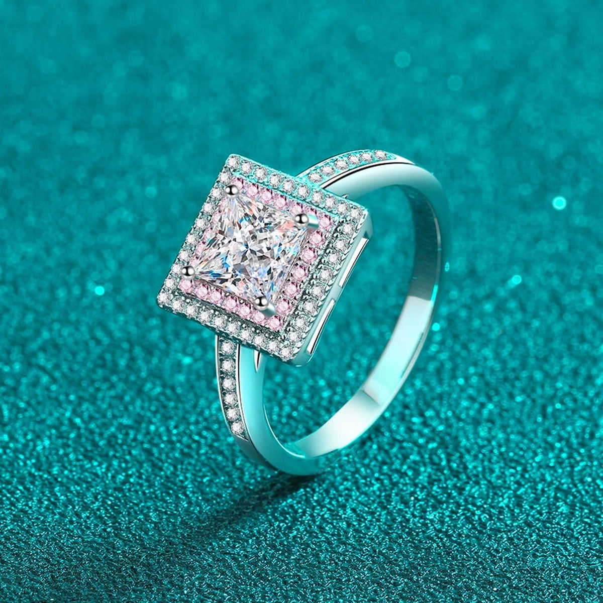 Princess Cut Moissanite Ring with Pink CZ product view showing moissanite setting and metal finish