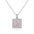 Pink CZ Princess Cut Moissanite Halo Pendant Necklace in Rhodium-Plated S925 sterling silver white background product photo showing princess-cut moissanite pendant with pink CZ halo detail