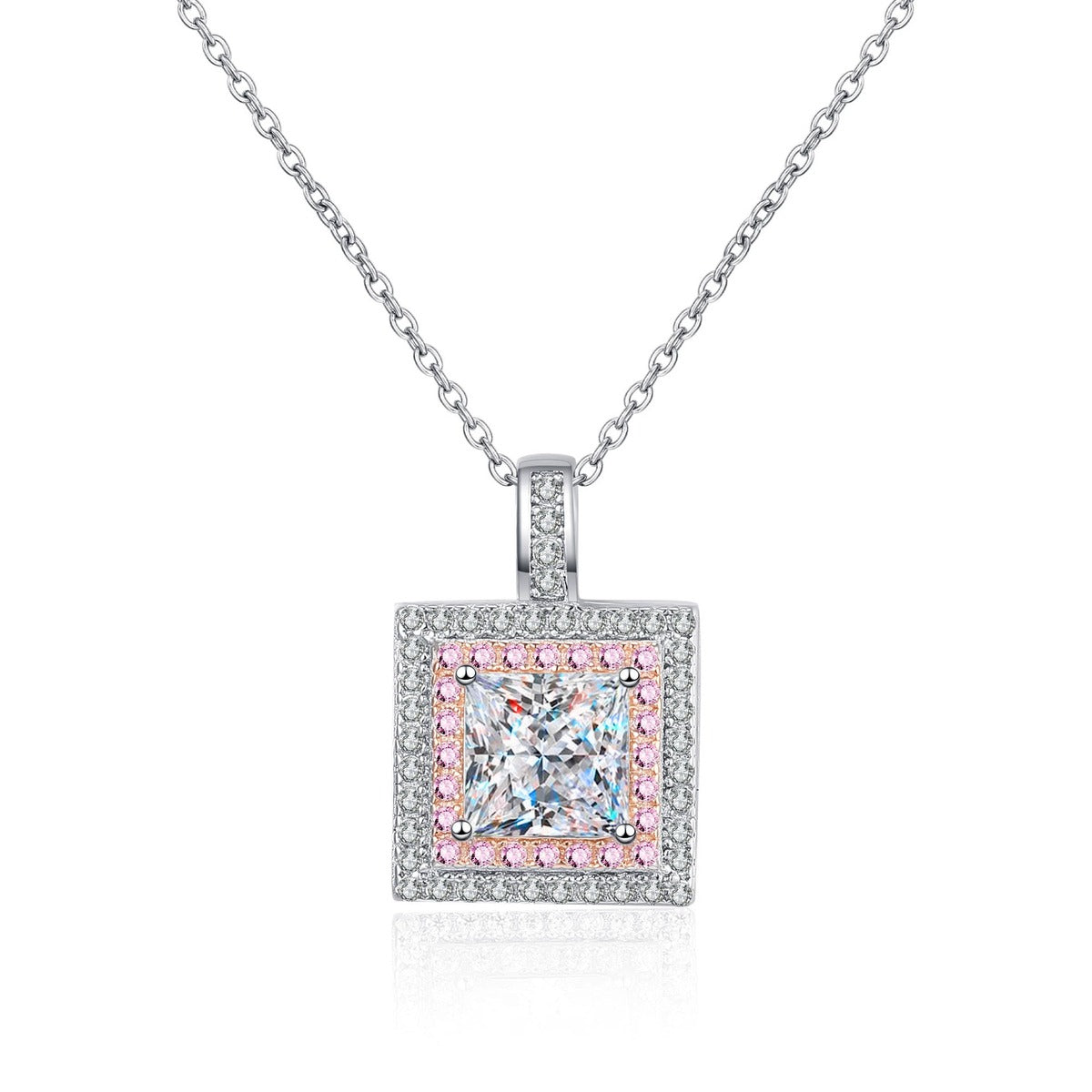 Pink CZ Princess Cut Moissanite Halo Pendant Necklace in Rhodium-Plated S925 sterling silver white background product photo showing princess-cut moissanite pendant with pink CZ halo detail