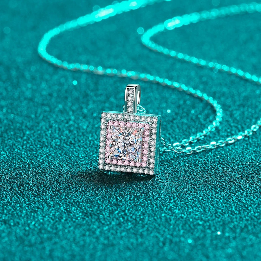 Pink CZ Princess Cut Moissanite Halo Pendant Necklace in Rhodium-Plated S925 sterling silver close-up product scene showing pendant setting