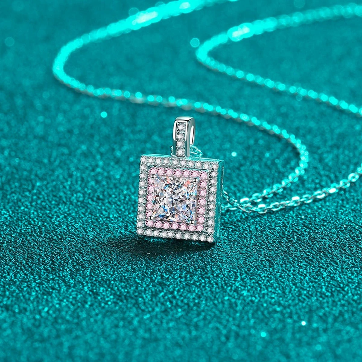 Pink CZ Princess Cut Moissanite Halo Pendant Necklace in Rhodium-Plated S925 sterling silver close-up product scene showing pendant setting