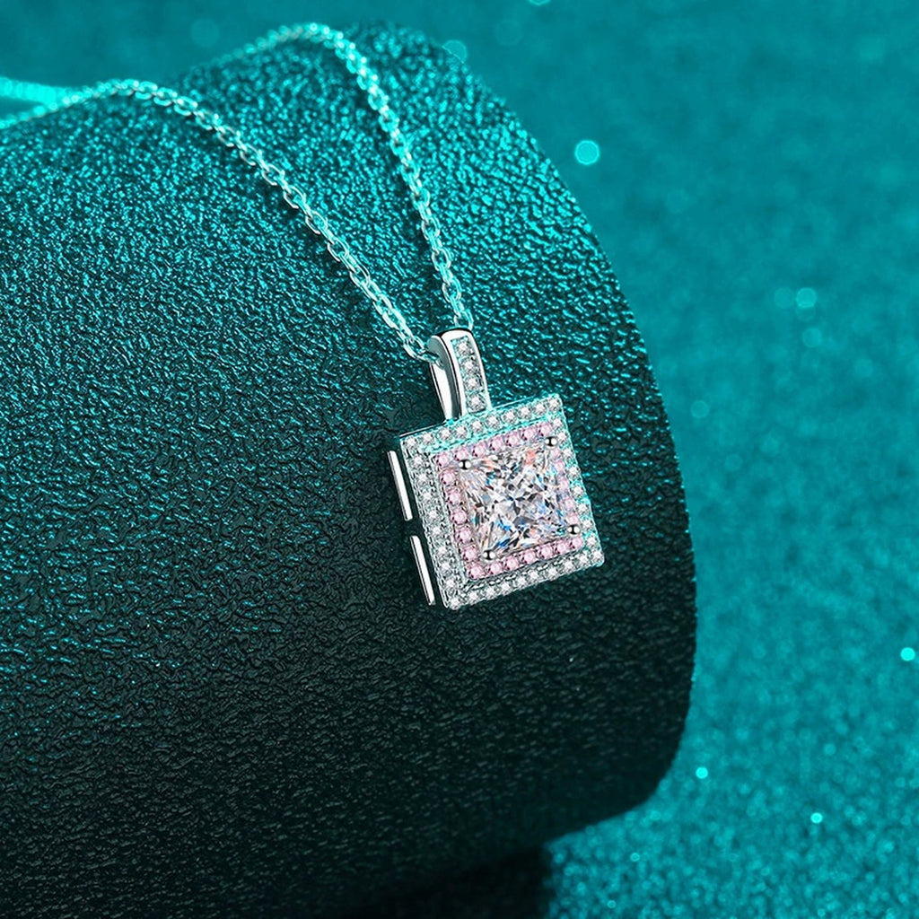 Pink CZ Princess Cut Moissanite Halo Pendant Necklace in Rhodium-Plated S925 sterling silver angled product detail view