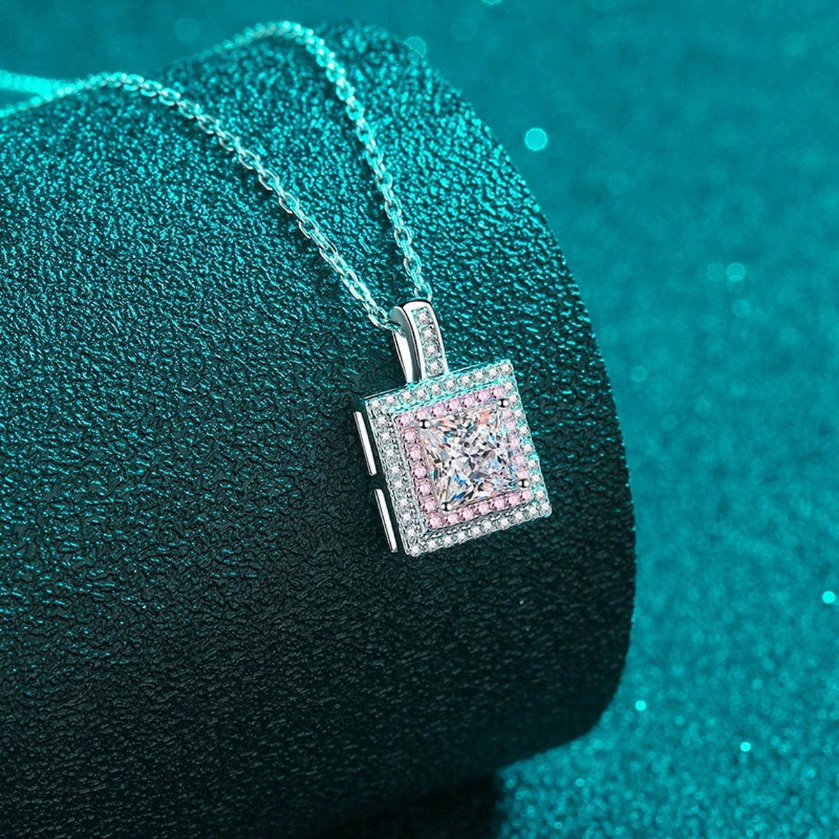 Pink CZ Princess Cut Moissanite Halo Pendant Necklace in Rhodium-Plated S925 sterling silver angled product detail view