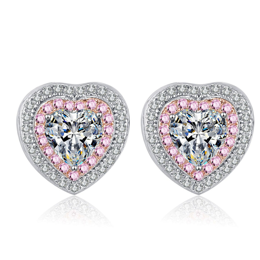 Pink Heart Moissanite Stud Earrings with CZ in Rhodium-Plated S925 sterling silver white background product photo showing the pair, stone shape, and stud earrings silhouette