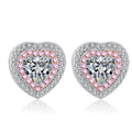 Pink Heart Moissanite Stud Earrings with CZ in Rhodium-Plated S925 sterling silver white background product photo showing the pair, stone shape, and stud earrings silhouette