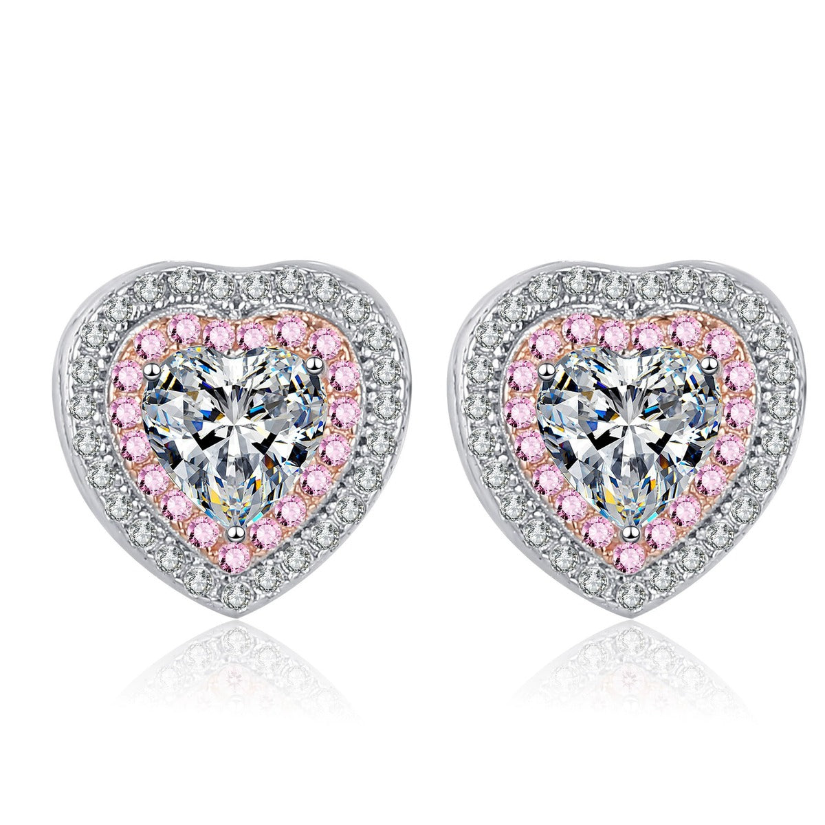 Pink Heart Moissanite Stud Earrings with CZ in Rhodium-Plated S925 sterling silver white background product photo showing the pair, stone shape, and stud earrings silhouette