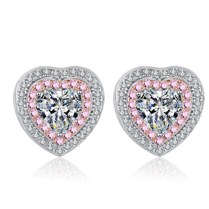 Pink Heart Moissanite Stud Earrings with CZ in Rhodium-Plated S925 sterling silver white background product photo showing the pair, stone shape, and stud earrings silhouette