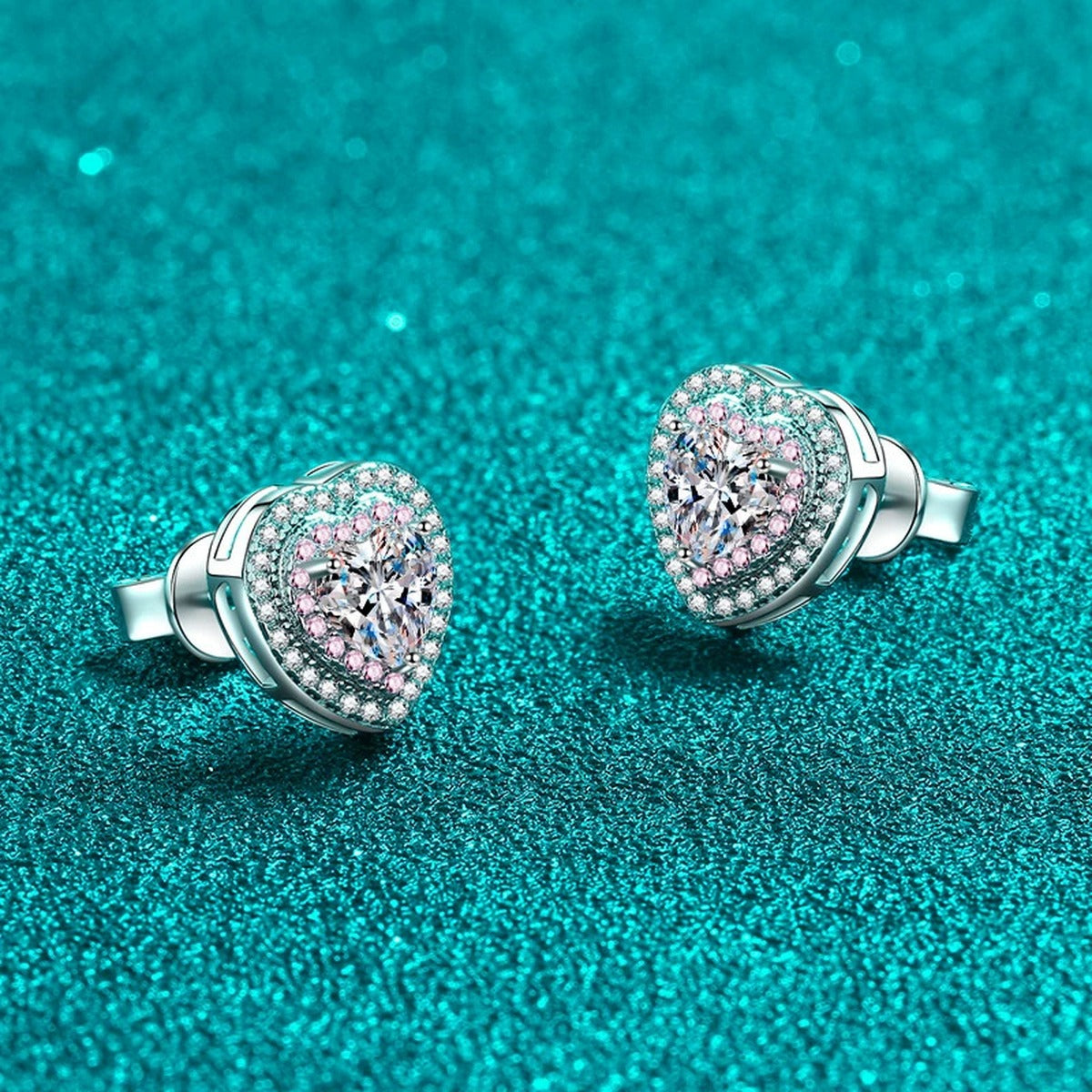 Pink Heart Moissanite Stud Earrings with CZ in Rhodium-Plated S925 sterling silver product scene view showing front sparkle