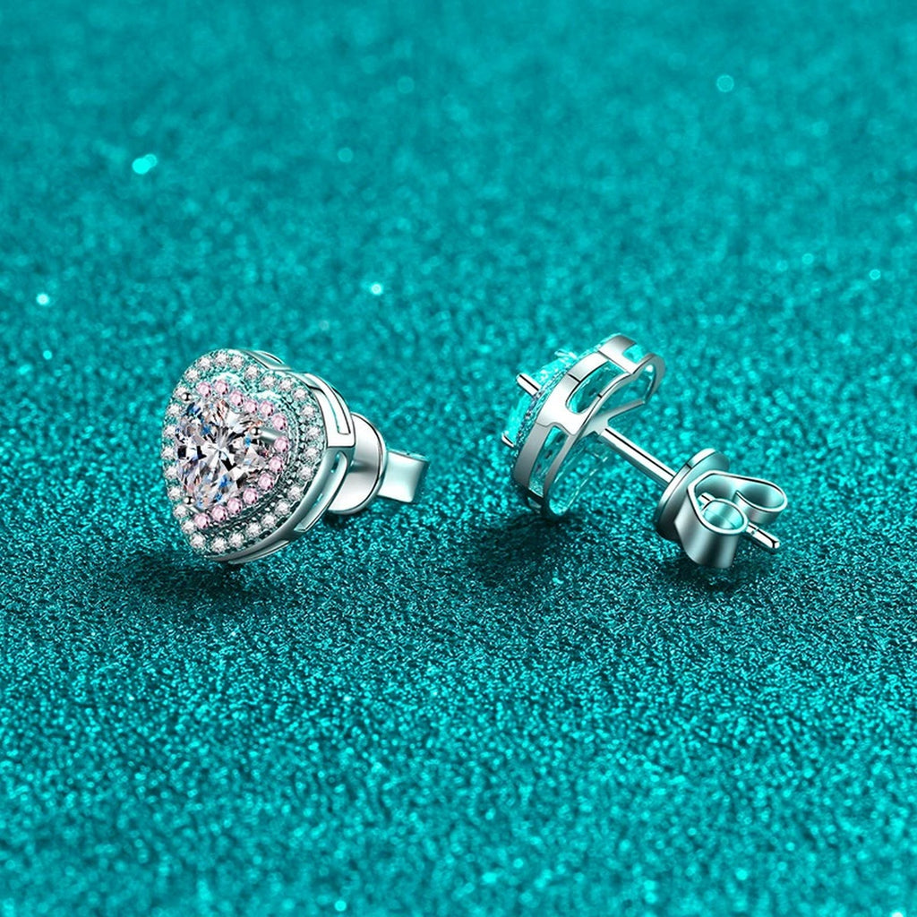 Pink Heart Moissanite Stud Earrings with CZ in Rhodium-Plated S925 sterling silver product scene view showing angled setting detail