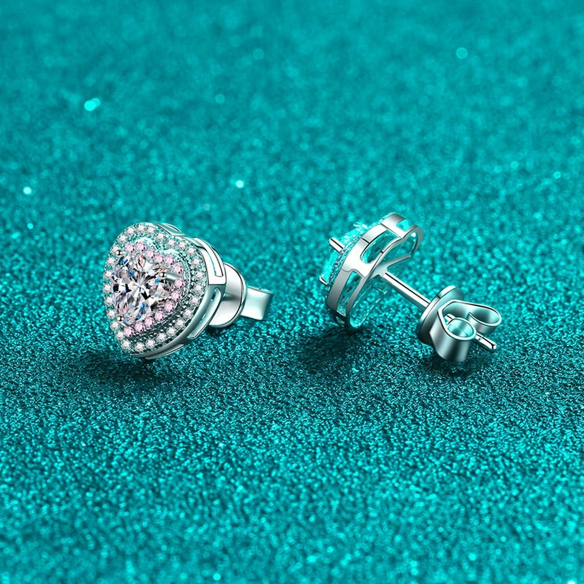 Pink Heart Moissanite Stud Earrings with CZ in Rhodium-Plated S925 sterling silver product scene view showing angled setting detail