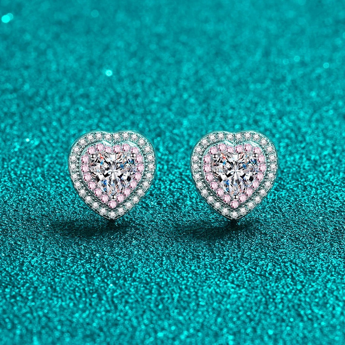 Pink Heart Moissanite Stud Earrings with CZ in Rhodium-Plated S925 sterling silver product scene view showing side profile