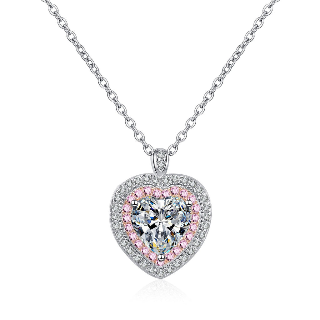 Pink Heart Moissanite Necklace with CZ in Rhodium-Plated S925 sterling silver white background product photo showing pink heart pendant with a heart cut moissanite center and CZ accents
