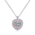 Pink Heart Moissanite Necklace with CZ in Rhodium-Plated S925 sterling silver white background product photo showing pink heart pendant with a heart cut moissanite center and CZ accents