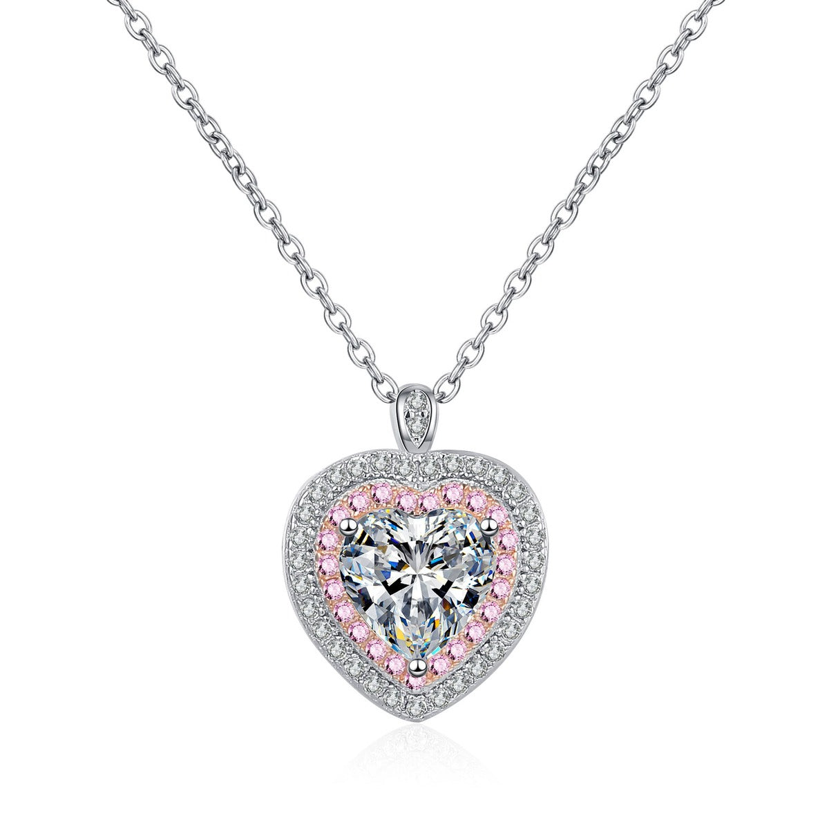 Pink Heart Moissanite Necklace with CZ in Rhodium-Plated S925 sterling silver white background product photo showing pink heart pendant with a heart cut moissanite center and CZ accents