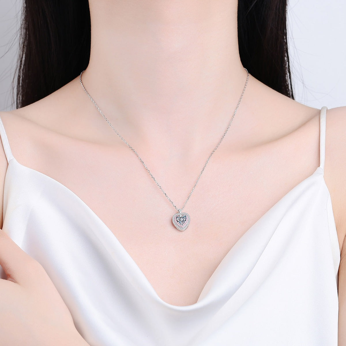 Pink Heart Moissanite Necklace with CZ in Rhodium-Plated S925 sterling silver neckline model view showing pendant scale and adjustable chain