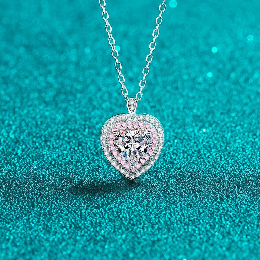 Pink Heart Moissanite Necklace with CZ in Rhodium-Plated S925 sterling silver close-up product scene showing pendant setting