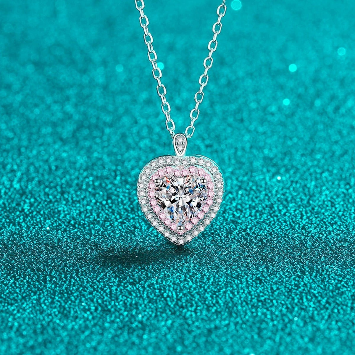 Pink Heart Moissanite Necklace with CZ in Rhodium-Plated S925 sterling silver close-up product scene showing pendant setting