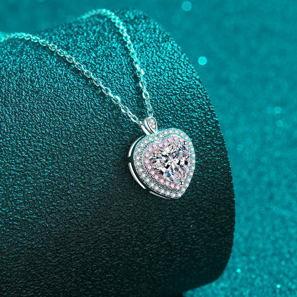 Pink Heart Moissanite Necklace with CZ in Rhodium-Plated S925 sterling silver angled product detail view