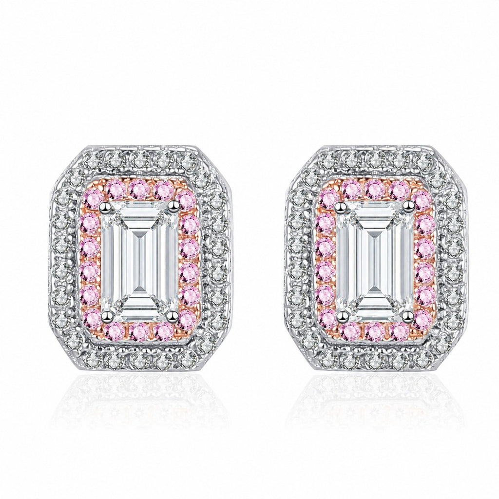 Emerald and Radiant Cut Moissanite Halo Stud Earrings with Pink CZ in Rhodium-Plated S925 sterling silver white background product photo showing the pair, stone shape, and stud earrings silhouette