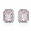 Emerald and Radiant Cut Moissanite Halo Stud Earrings with Pink CZ in Rhodium-Plated S925 sterling silver white background product photo showing the pair, stone shape, and stud earrings silhouette