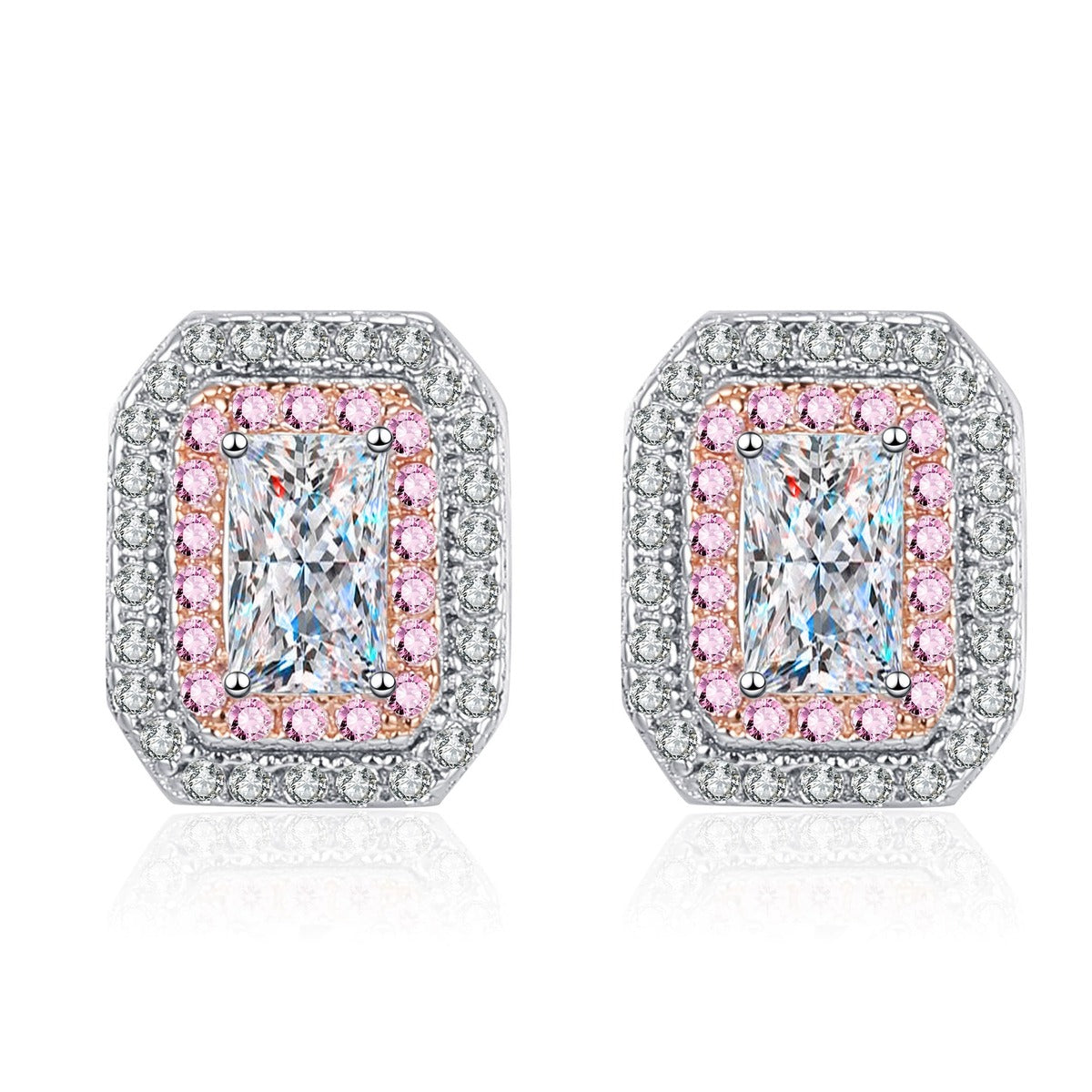 Emerald and Radiant Cut Moissanite Halo Stud Earrings with Pink CZ in Rhodium-Plated S925 sterling silver product scene view showing front sparkle