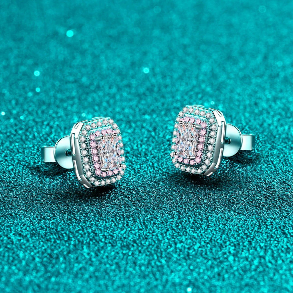 Emerald and Radiant Cut Moissanite Halo Stud Earrings with Pink CZ in Rhodium-Plated S925 sterling silver product scene view showing angled setting detail